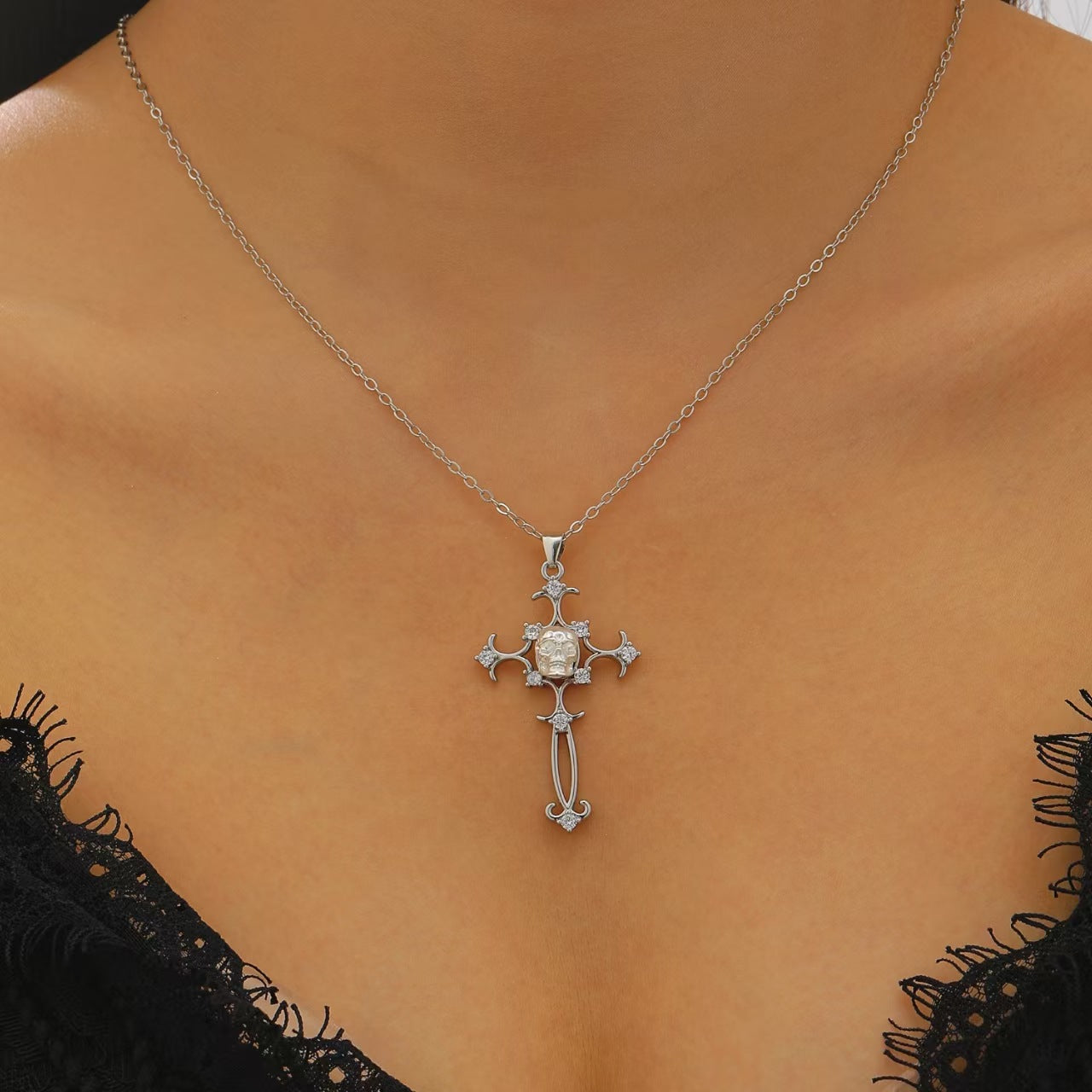 Wholesale  dark cross inlaid rhinestone skull clavicle necklace